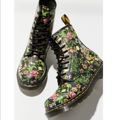 New In Box. The 1460 In Full Bloom. A Floral Pattern With Butterfly, Rose And Venus Flytrap Details Printed On Soft, Full-Grain, Durable Backhand Leather. Continuing Dr. Martens' Rich History Of Clashing Floral Prints With Rugged Silhouettes, This Lace-Up Boot Is Set On A Smoke Dm's Sole And Finished With Iconic Yellow Welt Stitching And Heel Loop Built To Outlast Any Season. - Leather, Rubber Jadon Platform Boots, Platform Doc Martens, Doc Marten Boot, Jadon Boots, Black Leather Combat Boots, Platform Combat Boots, Venus Flytrap, Platform Chelsea Boots, Womens Combat Boots