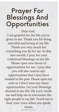 a prayer paper with the words prayer for blessings and opportuniities written in it