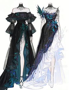 two gowns with blue flowers on them, one in black and the other in white