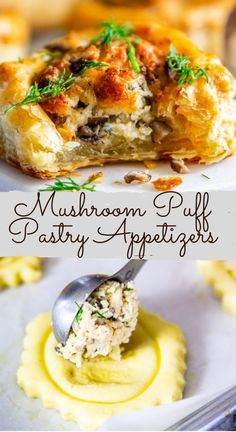 mushroom puff pastry appetizers on a white plate with a spoon in the middle