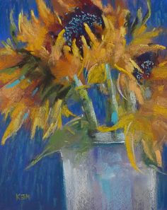 a painting of sunflowers in a white vase