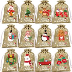 twelve bags with christmas decorations on them