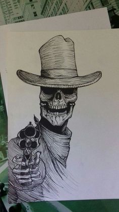 Skull Cowboy Tattoo, Cowboy Killer Tattoo, Traditional Tattoo Stencils, Skull Cowboy, Cowboy Skull, Wolf Tattoos Men, Cowboy Tattoos, Comic Ideas, Bottle Tattoo