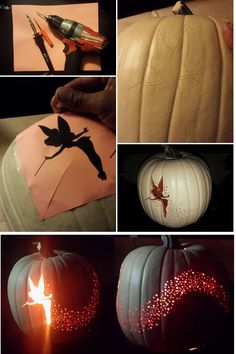 some pumpkins that have been carved to look like they are being used as decorations