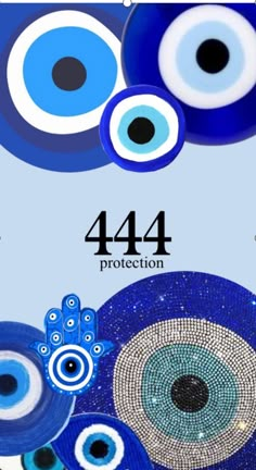 an image of blue evil eyes with the number 444 protection on it's back