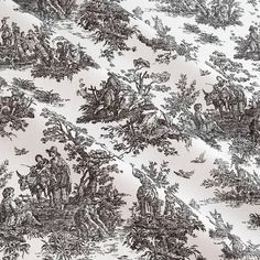 black and white toiler print fabric with an image of people in the woods