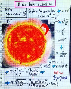 a notebook with an image of the sun on it and some calculations about its structure