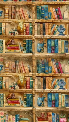 a painting of bookshelves with many different types of books on them and one has a blue vase in the middle