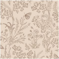 an image of a wallpaper with flowers and butterflies on the back ground, in beige