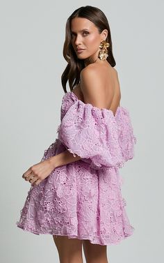 Amalie The Label - Lorena Sweetheart Off Shoulder Puff Sleeve Mini Dress in Purple | Showpo USA Short Pastel Dress, Purple Off-shoulder Spring Dress, Pink Off-shoulder Lace Dress, Purple Off-shoulder Dress For Spring, Feminine Off-shoulder Lace Dress, Feminine Lavender Dress With Sweetheart Neckline, Lavender Strapless Mini Dress For Spring, Strapless Lavender Mini Dress For Spring, Lavender Puff Sleeve Feminine Dress