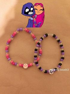 two beaded bracelets with cartoon characters on them and one has a pink hair