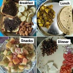 four different types of food are shown in this photo, including pita bread, lunch and dinner