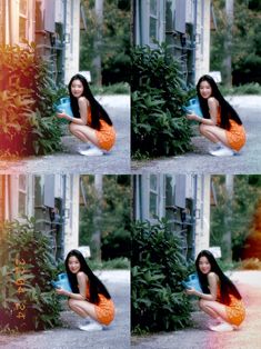 four pictures of a woman sitting on the ground with her legs crossed and holding an orange frisbee