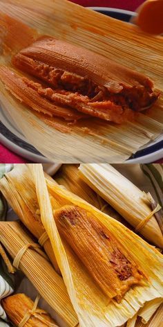 corn on the cob and an image of tamales with chili paste in them