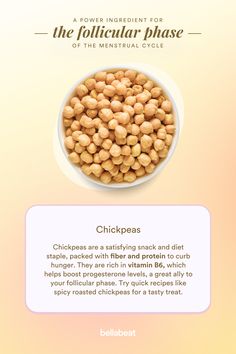 a bowl filled with chick peas on top of a pink and yellow background next to an info