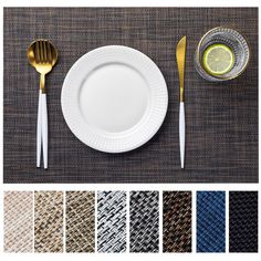 a table setting with silverware, plates and utensils