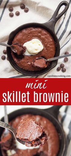 chocolate skillet brownie in a cast iron skillet with a scoop of ice cream on top