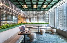 a laptop on a table in an office with plants growing out of the ceiling and windows