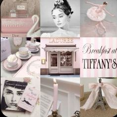 a collage of photos with pink and white items, including a cake, candlesticks, teacups, cards, and a candle holder