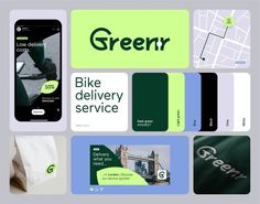 several different business cards with the words greenr on them, including an image of a phone