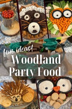 there are pictures of different food items on the table with words that read fun ideas woodland party food