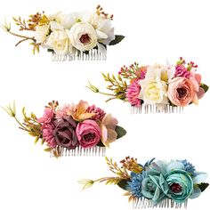 PRICES MAY VARY. 【SET OF 4 COLORS】--Flowers on the silver metal side combs display 4 main colors including white, pink, puple and blue. Different colors can easily match your different outfits. 【HIGH QUALITY MATERIAL】--Artificial flowers are handmade of high quality fabric which makes these flowers more pretty and realistic. High quality silver metal hair side combs are very sturdy which can be wore for a long time. Smooth metal side combs don't hurt your hair. 【ONE SIZE】--You can see the size o Autumn Hair Accessories, Holiday Hair Accessories, Decorative Hair Combs, Vintage Headpiece, Headpiece Accessories, Bridal Clip, Chignon Hair, Hair Slides, Bridal Headwear