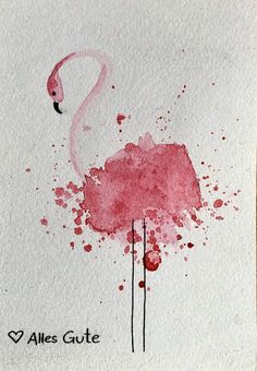 a watercolor painting of a pink flamingo on white paper with the words, alles gute