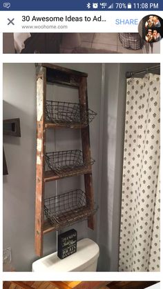 an old ladder used as a shelf for baskets in a bathroom with the caption above it