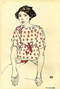 a drawing of a woman sitting down with her hands in her pockets and wearing a polka dot blouse