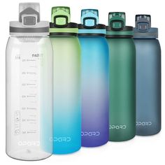 thermos bottles are lined up next to each other in different colors and sizes