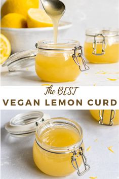 a spoon full of lemon curd being drizzled over it's contents