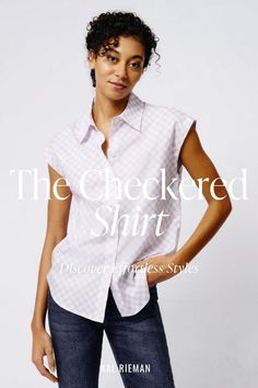 Checkered print is still in and here to stay for the summer workwear season. Our new cap sleeve shirt comes in our lavender checkerboard print this season. Add a touch of fun to your classic business casual look, and pair this top with your favorite dark denim to help the lavender pop. Checkered Shirt Outfit Women, Checkered Shirt Outfit, Collar Construction, Classic Business Casual, Lavender Print, Look Clean