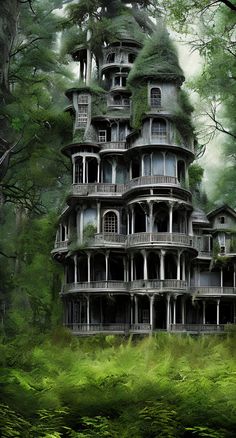 an old house in the middle of a forest with lots of windows and balconies