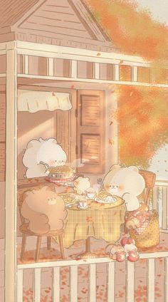 three bears are sitting at a table eating food outside an open window with autumn foliage in the background