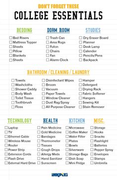 college essentials checklist with the words college essentials in different colors and font