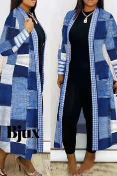 The Cowboy Blue Print Patchwork Cardigan Collar Plus Size Overcoat - A Stylish and Versatile Outerwear Option Blue Patchwork Long Sleeve Outerwear, Blue Long Cotton Outerwear, Long Blue Cotton Outerwear, Casual Long Blue Outerwear, Spring Patchwork Long Sleeve Cardigan, Spring Long Coat Outerwear With Patchwork, Long Patchwork Outerwear For Layering, Casual Long Patchwork Outerwear, Spring Long Coat With Patchwork