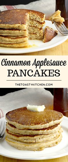 pancakes are stacked on top of each other with butter and syrup in the background that says cinnamon applesauce pancakes