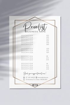 a white and gold business card with the words price list on it, in front of a