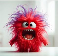 a close up of a stuffed animal with purple and red hair on it's head