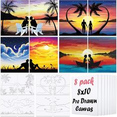 the silhouettes of two people on a boat in front of sunset and palm trees