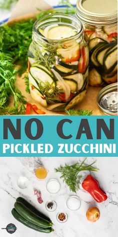 pickled zucchini in mason jars on a table with herbs and seasonings