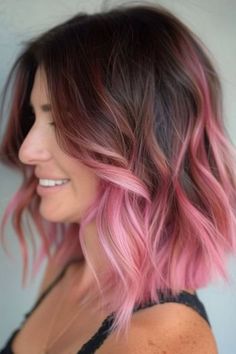 Pink In Brown Hair Highlights, Rose Gold Tips Hair, Brown Hair With Pink Balayage, Pink Tipped Hair, Short Brown Hair With Pink Highlights, Pastel Pink Hair Dark Roots, Ombre Hair Color Pink, Brunette Pink Hair, Fancy Hair Color