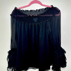 I Never Worn This Top- Brand New- Black Chiffon Off Shoulder To- Riffle Top- Sexy Top- Cece Top- Size Small Off-shoulder Chiffon Blouse For Party, Black Sheer Off-shoulder Top, Night Out Chiffon Blouse With Sheer Sleeves, Sheer Chiffon Blouse For Night Out, Sheer Chiffon Party Top, Chiffon Blouse With Sheer Sleeves For Night Out, Black Off-shoulder Blouse With Ruffles, Chiffon Top With Sheer Sleeves For Night Out, Black Chiffon Blouse With Ruffles