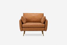 a tan leather chair with wooden legs and arm rests on a white background, it is also used as a recliner