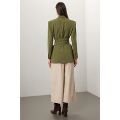 Green twill (78% Polyester 16% Rayon  6% Lycra). Blazer. Long sleeves. Collar. Front button closure. 30" from shoulder to hemline. Imported. Classic Khaki Blazer For Spring, Khaki Collared Blazer For Work, Khaki Blazer For Business Casual In Spring, Fitted Gabardine Outerwear For Office, Khaki Formal Blazer For Fall, Khaki Blazer For Spring Business Casual, Chic Cotton Blazer With Button Cuffs, Khaki Office Blazer With Button Closure, Khaki Blazer With Button Closure For Work