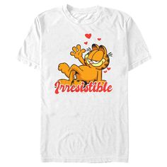 Get in the Valentine's Day mood with this officially licensed Men's White Nickelodeon Garfield Irresistible Tee! Featuring a waving Garfield with little hearts around him and the word "Irresistible," you are sure to attract all the Garfield fans and maybe even snag a cute Valentine! Dress in style this season with this new graphic tee! Size: small. Gender: male. Age Group: adult. Pattern: Cat. Material: Cotton. Cute Cat Stuff, Outfit Ideas 2023, Garfield Cat, Valentine Dress, Pattern Cat, Men's Graphic T Shirt, Mens Tee Shirts, Slim Fit Shorts, Cat Stuff