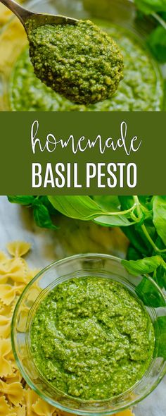 homemade basil pest in a glass bowl with pasta and spinach leaves on the side