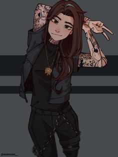 a drawing of a girl with tattoos on her arm and shoulder, wearing black pants