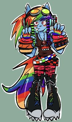 an image of a cartoon character with food in her hands and rainbow hair, wearing all black