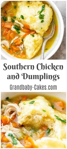 chicken and dumplings soup in a white bowl with the words southern chicken and dumplings